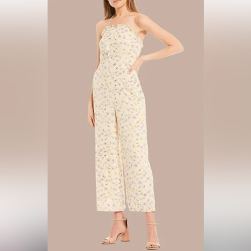 GIANNI BINI Pastel Yellow Floral Print Halter Crop Jumpsuit Small Medium Large